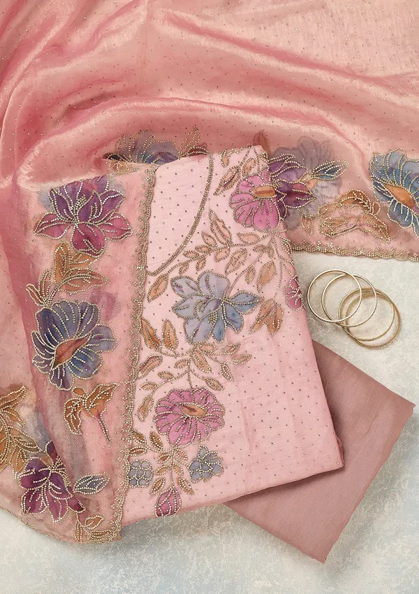 Onion_Pink_Tissue_Gold_Stonework_Unstitched_Dress_Material_With_Matching_Bottom_And_Dupatta