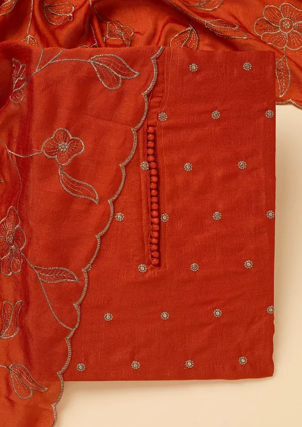 Orange_Soft_Raw_Silk_Gold_Zariwork_Unstitched_Dress_Material_With_Matching_Bottom_And_Dupatta