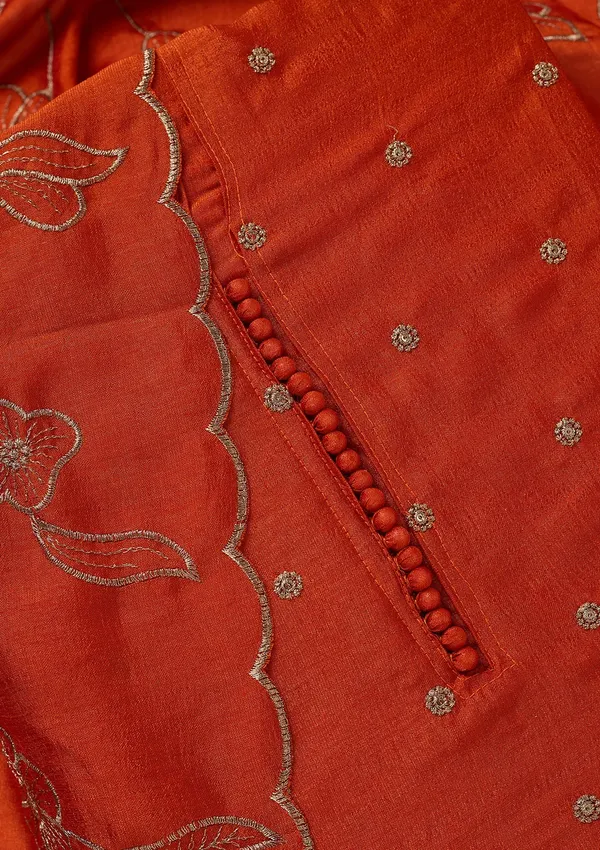 Orange_Soft_Raw_Silk_Gold_Zariwork_Unstitched_Dress_Material_With_Matching_Bottom_And_Dupatta