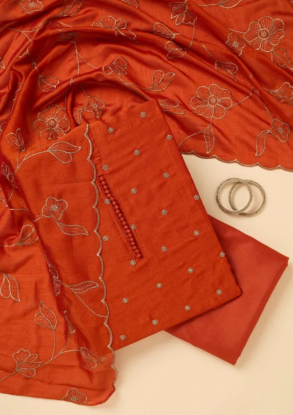 Orange_Soft_Raw_Silk_Gold_Zariwork_Unstitched_Dress_Material_With_Matching_Bottom_And_Dupatta