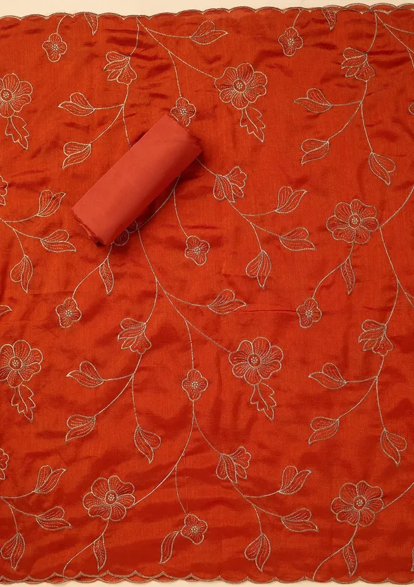 Orange_Soft_Raw_Silk_Gold_Zariwork_Unstitched_Dress_Material_With_Matching_Bottom_And_Dupatta