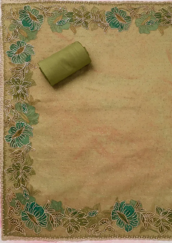 Mehandi_Green_Tissue_Gold_Stonework_Unstitched_Dress_Material_With_Matching_Bottom_And_Dupatta