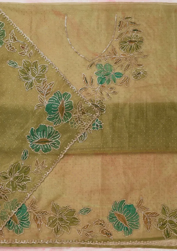 Mehandi_Green_Tissue_Gold_Stonework_Unstitched_Dress_Material_With_Matching_Bottom_And_Dupatta