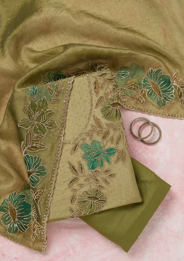 Mehandi_Green_Tissue_Gold_Stonework_Unstitched_Dress_Material_With_Matching_Bottom_And_Dupatta