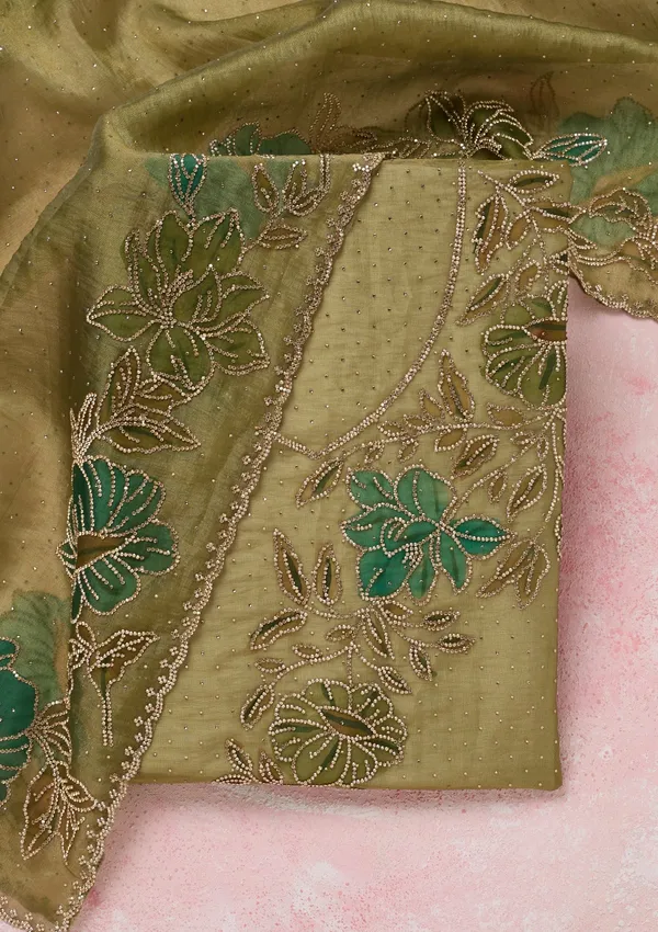 Mehandi_Green_Tissue_Gold_Stonework_Unstitched_Dress_Material_With_Matching_Bottom_And_Dupatta