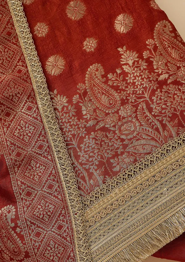 Rust_Dola_Silk_Gold_Zariwork_Unstitched_Dress_Material_With_Matching_Bottom_And_Dupatta