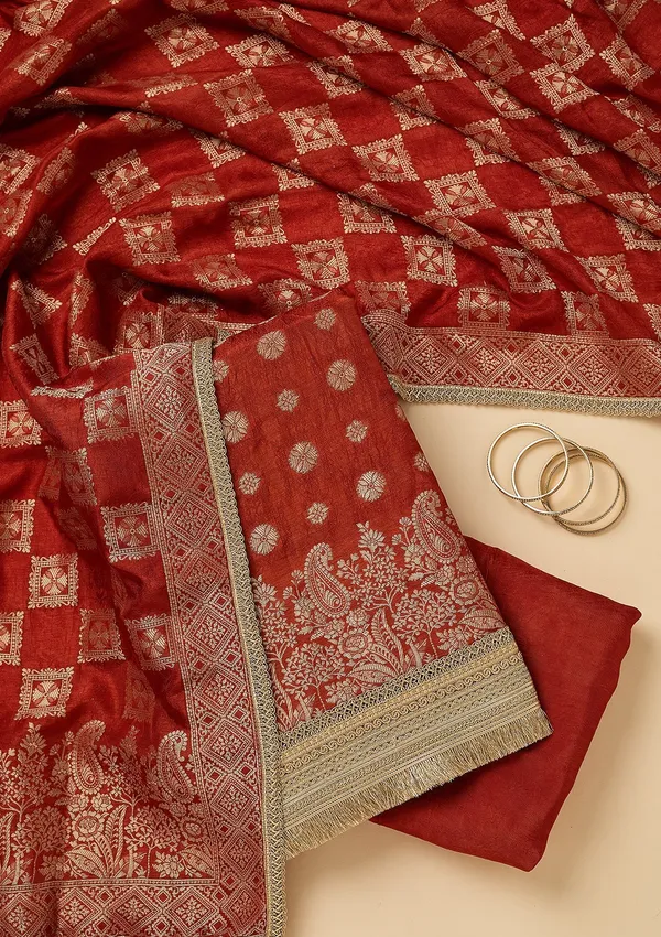 Rust_Dola_Silk_Gold_Zariwork_Unstitched_Dress_Material_With_Matching_Bottom_And_Dupatta