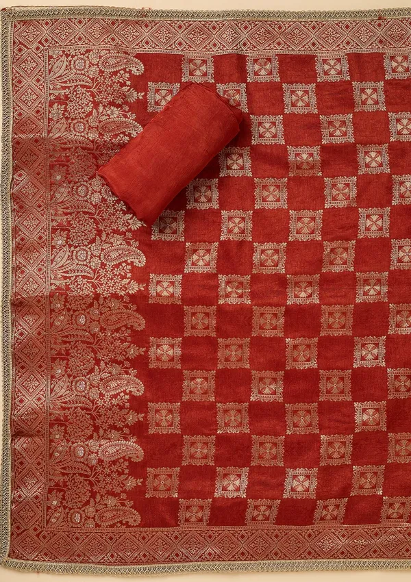 Rust_Dola_Silk_Gold_Zariwork_Unstitched_Dress_Material_With_Matching_Bottom_And_Dupatta