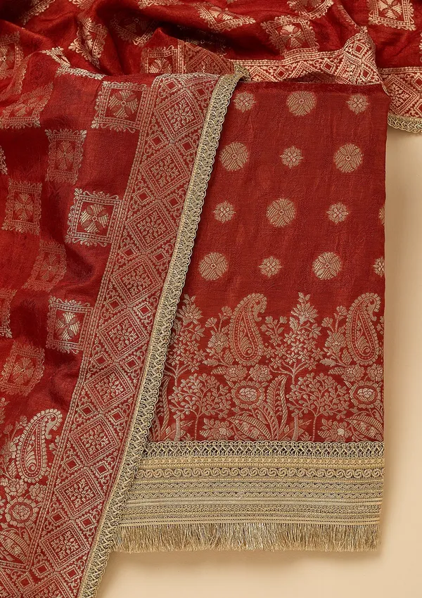 Rust_Dola_Silk_Gold_Zariwork_Unstitched_Dress_Material_With_Matching_Bottom_And_Dupatta