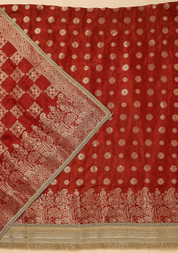 Rust_Dola_Silk_Gold_Zariwork_Unstitched_Dress_Material_With_Matching_Bottom_And_Dupatta