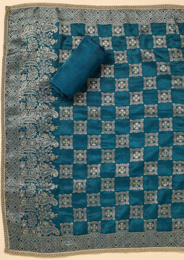 Peacock_Blue_Dola_Silk_Gold_Zariwork_Unstitched_Dress_Material_With_Matching_Bottom_And_Dupatta