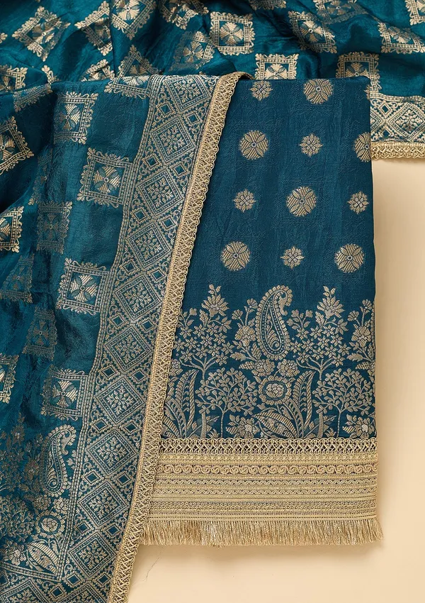 Peacock_Blue_Dola_Silk_Gold_Zariwork_Unstitched_Dress_Material_With_Matching_Bottom_And_Dupatta