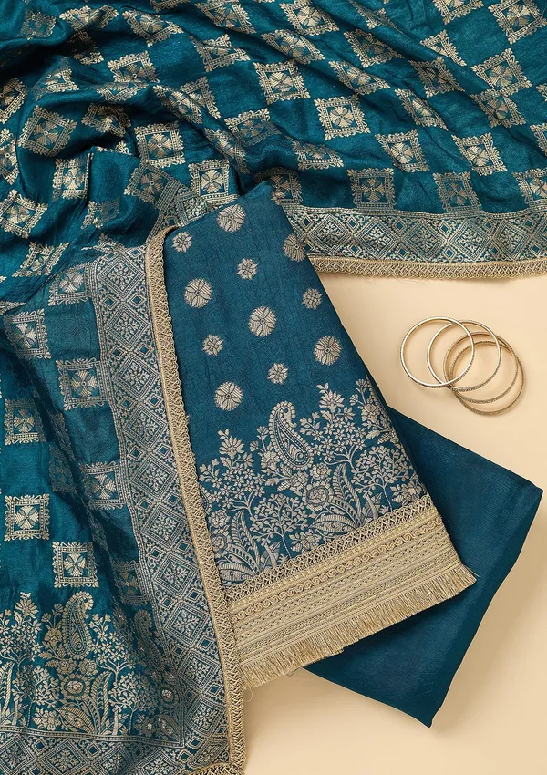Peacock_Blue_Dola_Silk_Gold_Zariwork_Unstitched_Dress_Material_With_Matching_Bottom_And_Dupatta