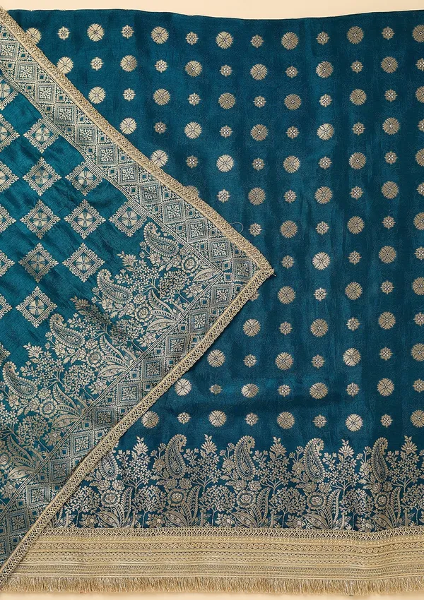 Peacock_Blue_Dola_Silk_Gold_Zariwork_Unstitched_Dress_Material_With_Matching_Bottom_And_Dupatta