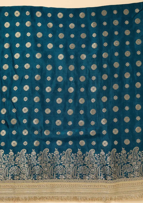 Peacock_Blue_Dola_Silk_Gold_Zariwork_Unstitched_Dress_Material_With_Matching_Bottom_And_Dupatta