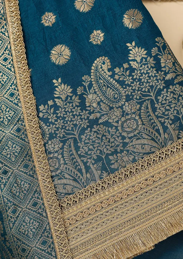 Peacock_Blue_Dola_Silk_Gold_Zariwork_Unstitched_Dress_Material_With_Matching_Bottom_And_Dupatta