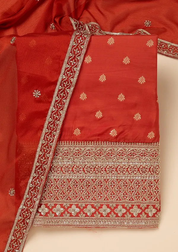Rust_Dola_Silk_Gold_Zariwork_Unstitched_Dress_Material_With_Matching_Bottom_And_Dupatta