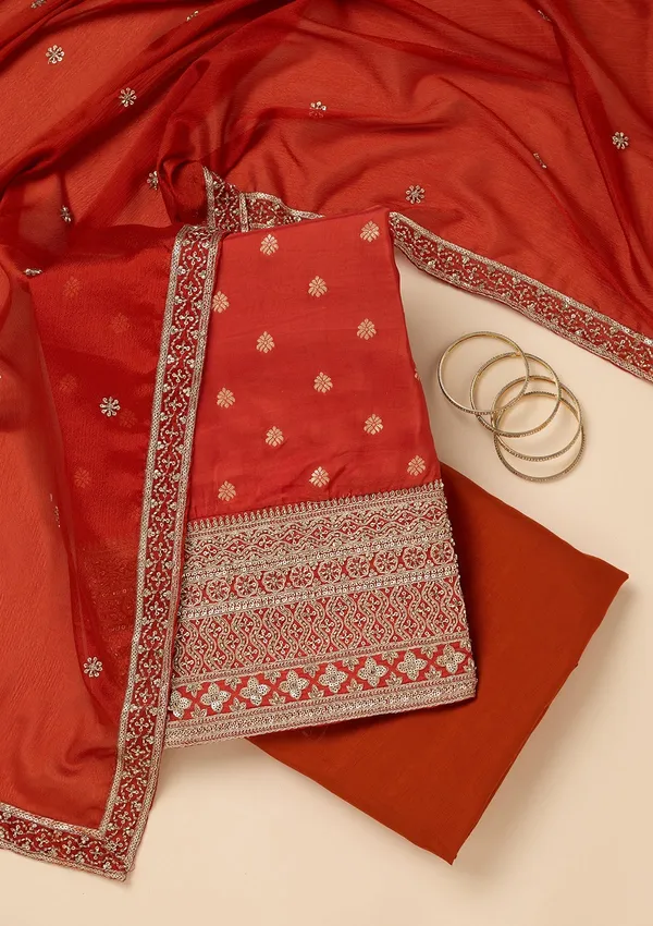 Rust_Dola_Silk_Gold_Zariwork_Unstitched_Dress_Material_With_Matching_Bottom_And_Dupatta