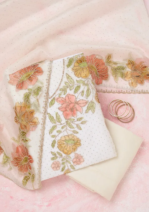 Off_White_Tissue_Gold_Stonework_Unstitched_Dress_Material_With_Matching_Bottom_And_Dupatta