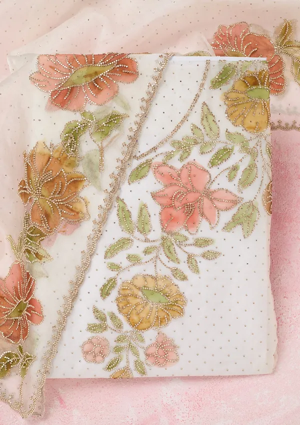 Off_White_Tissue_Gold_Stonework_Unstitched_Dress_Material_With_Matching_Bottom_And_Dupatta