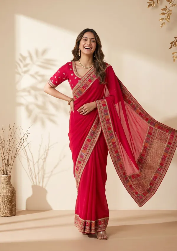 Rani_Pink_Soft_Raw_Silk_Kashmiri_Saree_With_Matching_Blouse_Piece