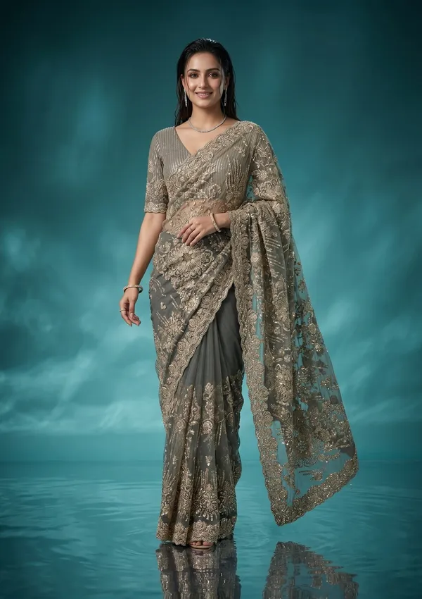 Sea_Green_Net_Sequins_Saree_With_Matching_Blouse_Piece