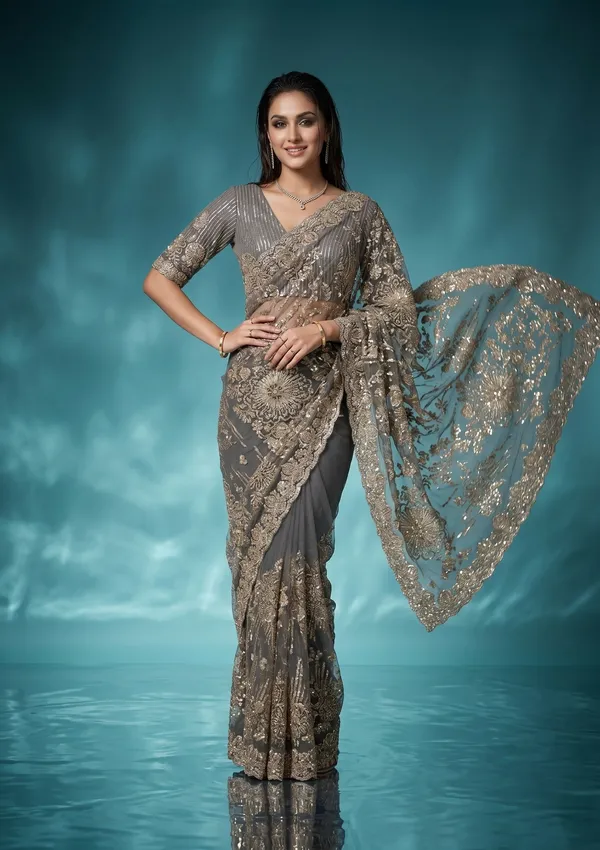 Sea_Green_Net_Sequins_Saree_With_Matching_Blouse_Piece