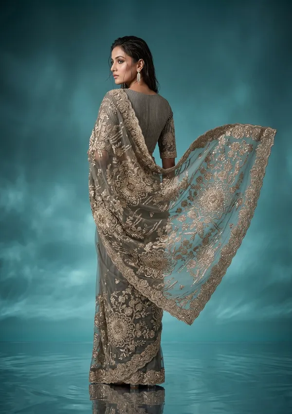 Sea_Green_Net_Sequins_Saree_With_Matching_Blouse_Piece