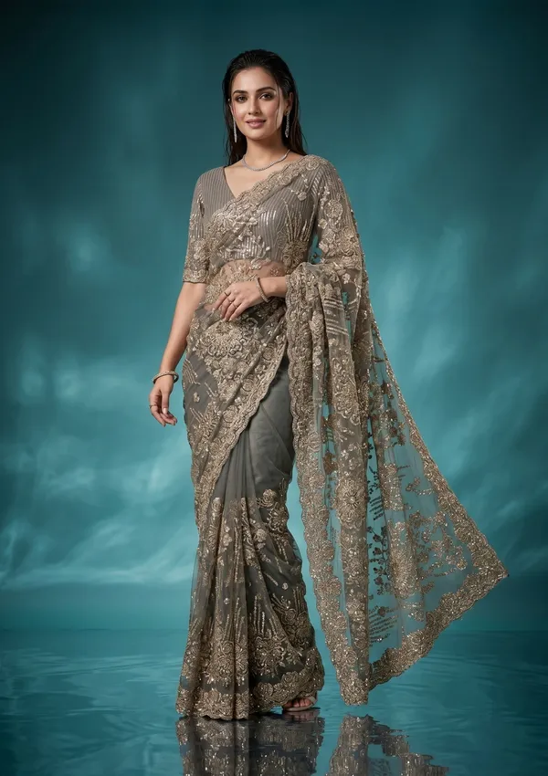 Sea_Green_Net_Sequins_Saree_With_Matching_Blouse_Piece
