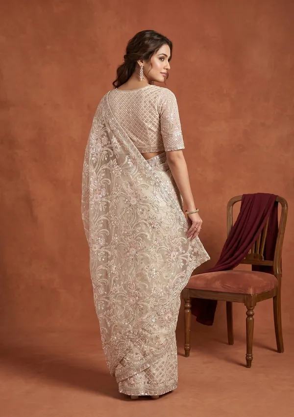 Cream_Net_Sequins_Saree_With_Matching_Blouse_Piece
