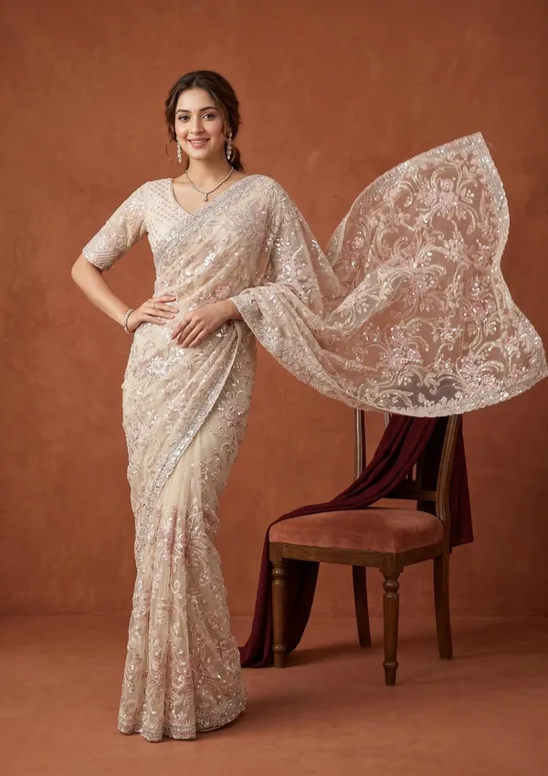 Cream_Net_Sequins_Saree_With_Matching_Blouse_Piece
