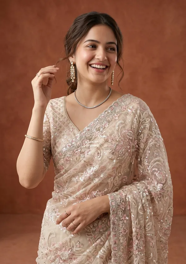 Cream_Net_Sequins_Saree_With_Matching_Blouse_Piece