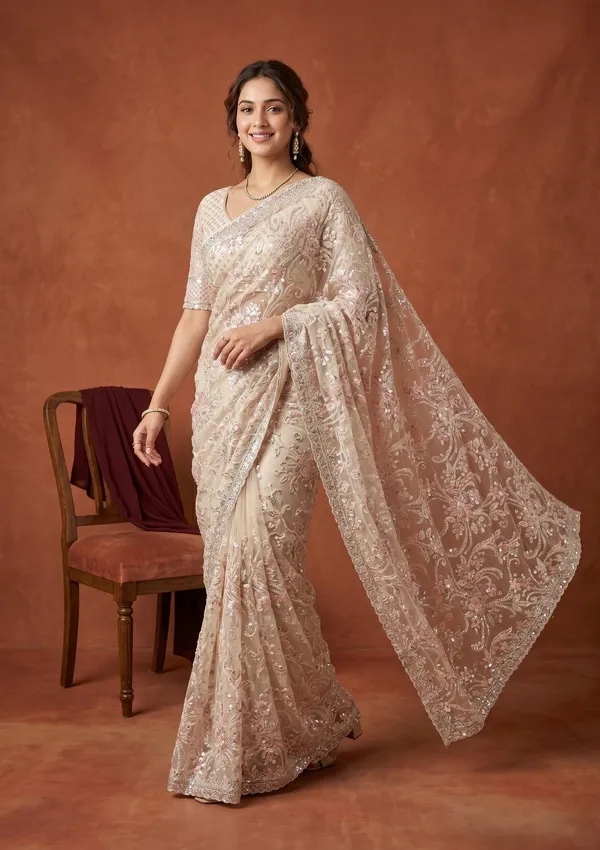 Cream_Net_Sequins_Saree_With_Matching_Blouse_Piece