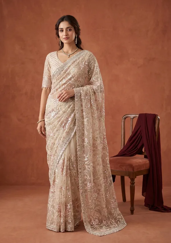 Cream_Net_Sequins_Saree_With_Matching_Blouse_Piece