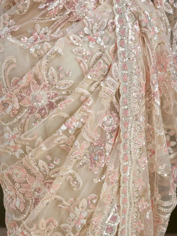 Cream_Net_Sequins_Saree_With_Matching_Blouse_Piece