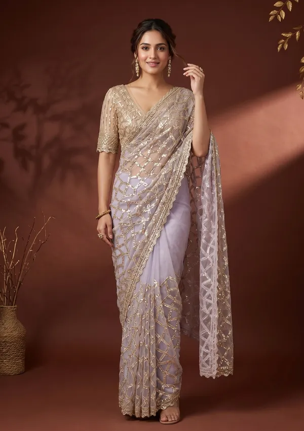 Lavender_Net_Sequins_Saree_With_Matching_Blouse_Piece
