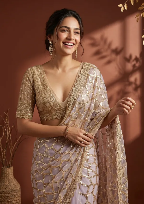 Lavender_Net_Sequins_Saree_With_Matching_Blouse_Piece