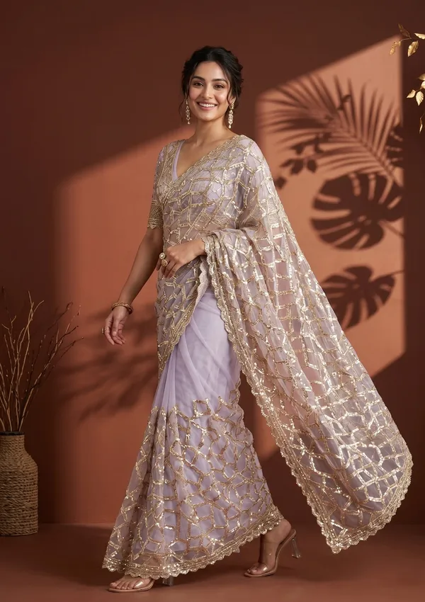 Lavender_Net_Sequins_Saree_With_Matching_Blouse_Piece