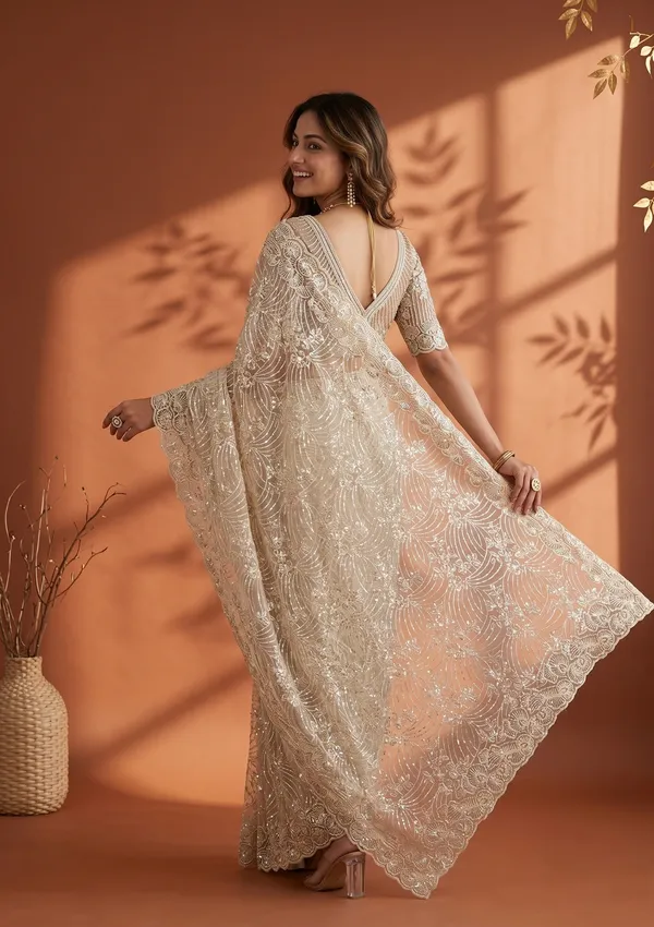 Cream_Net_Sequins_Saree_With_Matching_Blouse_Piece