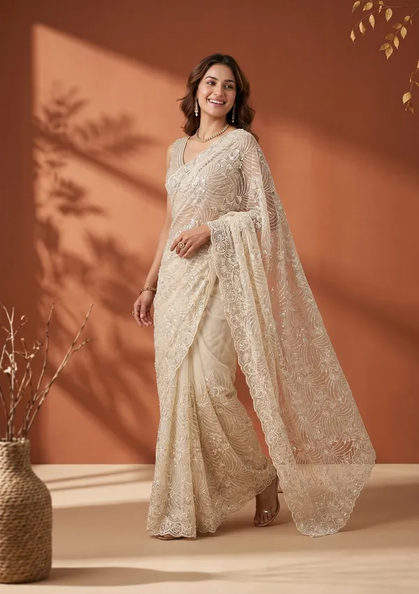 Cream_Net_Sequins_Saree_With_Matching_Blouse_Piece
