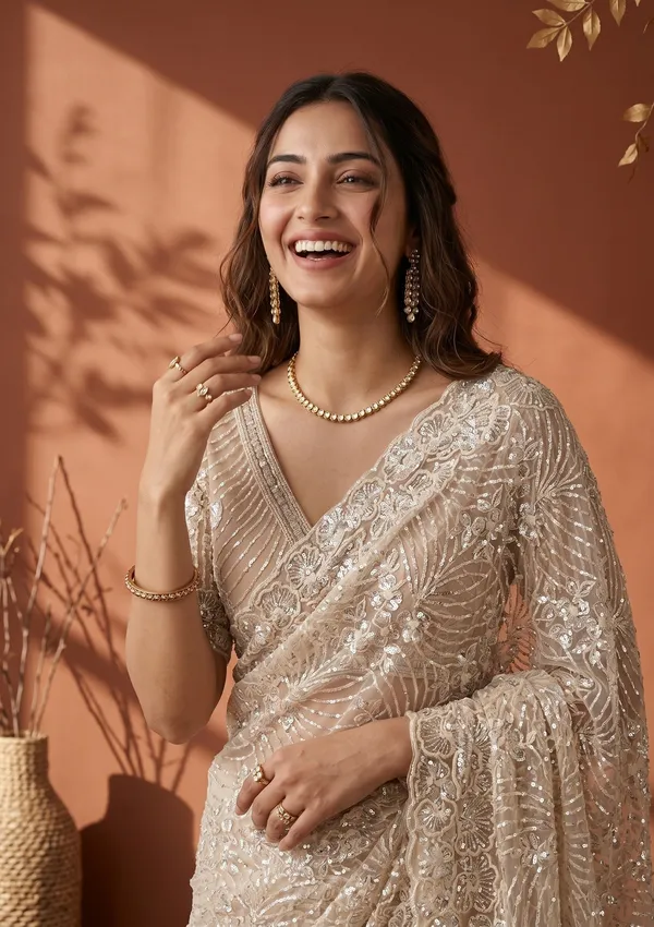 Cream_Net_Sequins_Saree_With_Matching_Blouse_Piece