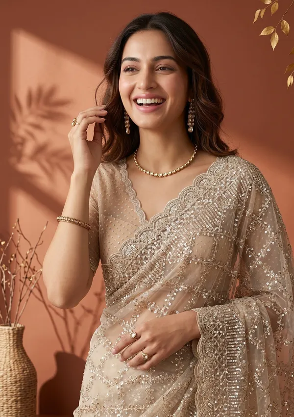 Off_White_Net_Sequins_Saree_With_Matching_Blouse_Piece