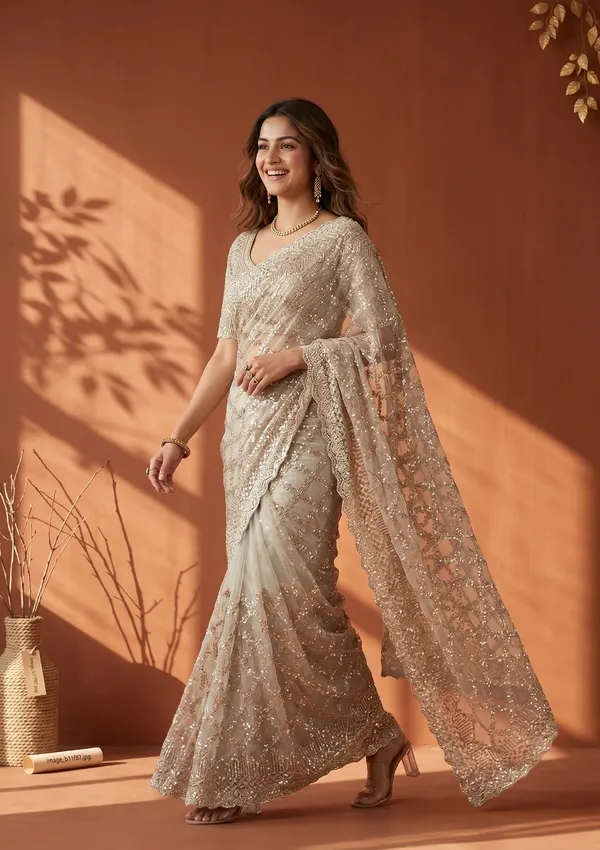 Grey_Net_Sequins_Saree_With_Matching_Blouse_Piece