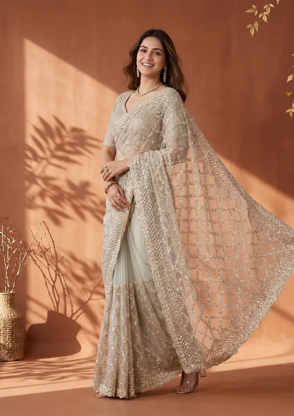 Grey_Net_Sequins_Saree_With_Matching_Blouse_Piece