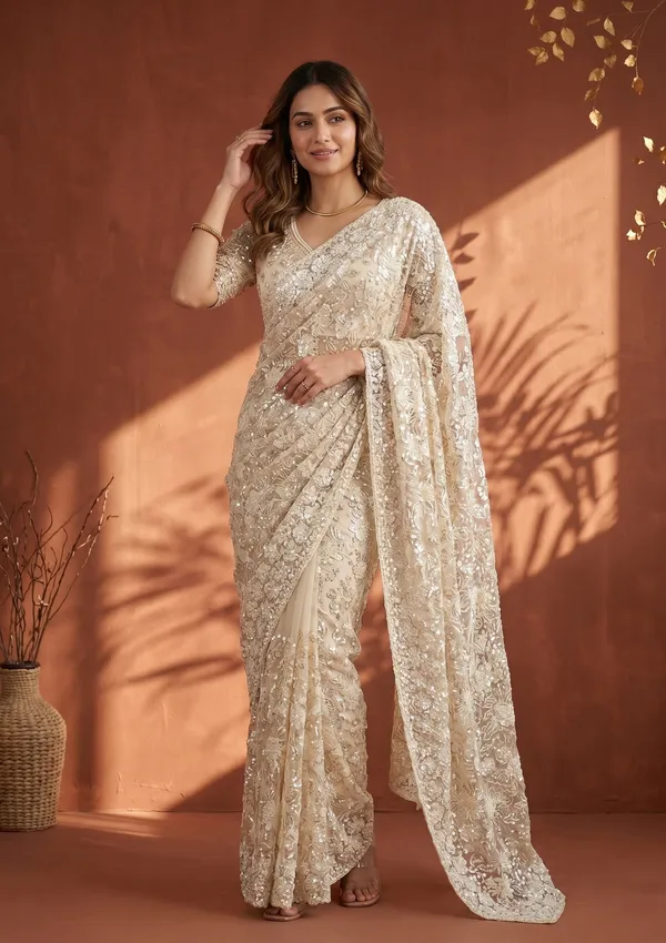 Cream_Net_Threadwork_Saree_With_Matching_Blouse_Piece