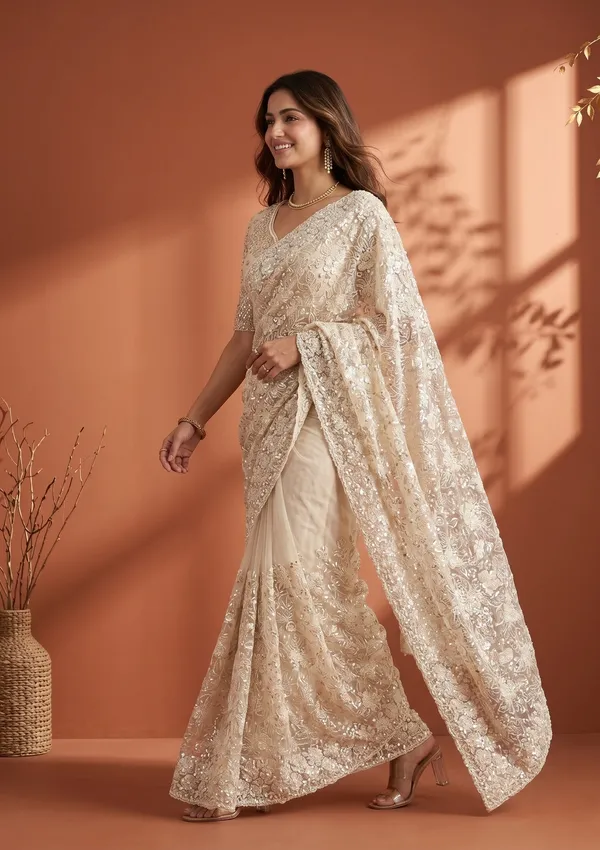 Cream_Net_Threadwork_Saree_With_Matching_Blouse_Piece