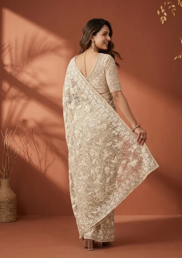 Cream_Net_Threadwork_Saree_With_Matching_Blouse_Piece