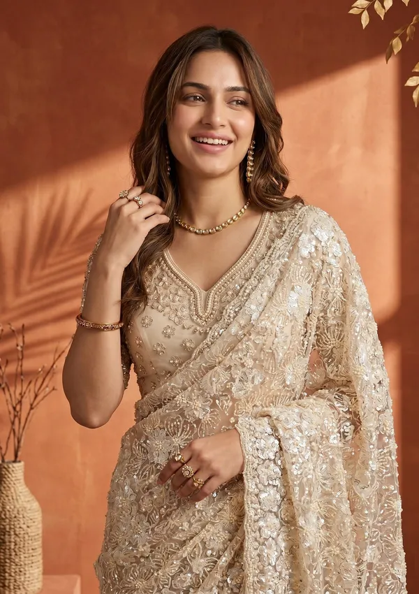 Cream_Net_Threadwork_Saree_With_Matching_Blouse_Piece