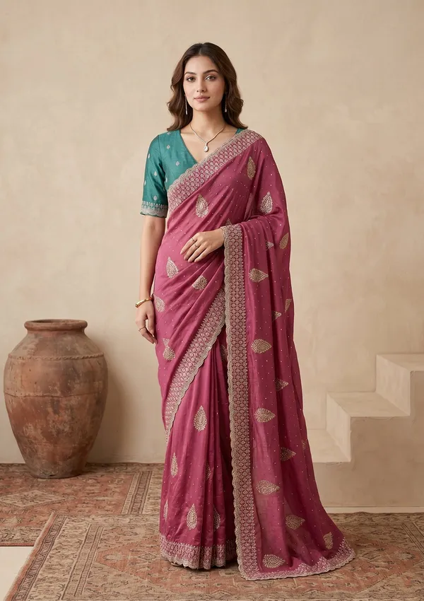 Onion_Pink_Soft_Raw_Silk_Floral_Gold_Zariwork_Saree_With_Matching_Blouse_Piece