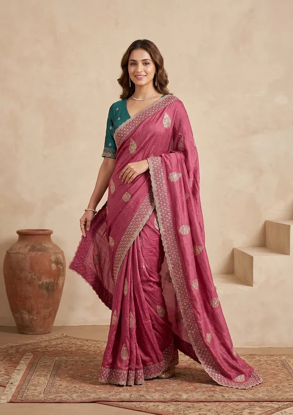 Onion_Pink_Soft_Raw_Silk_Floral_Gold_Zariwork_Saree_With_Matching_Blouse_Piece